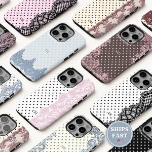 Personalized Lace Phone Case Initials Girly Coquette Phonecase Polka Dot iPhone Case 17 16 16e 15 14 13 MagSafe Samsung Galaxy S26 S25 Pixel image 1