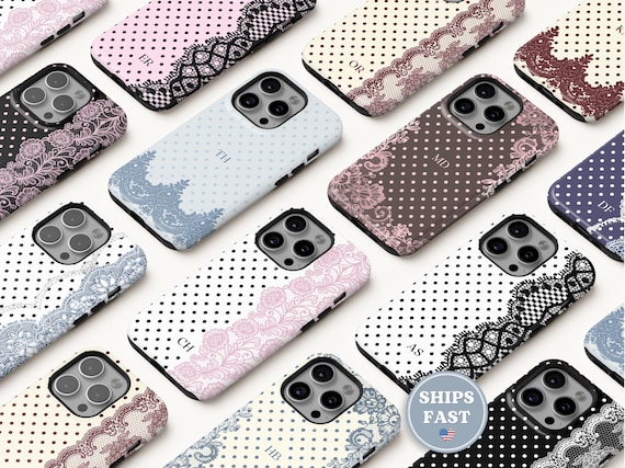 Personalized Lace Phone Case Initials Girly Coquette Phonecase Polka Dot iPhone Case 17 16 16e 15 14 13 MagSafe Samsung Galaxy S26 S25 Pixel