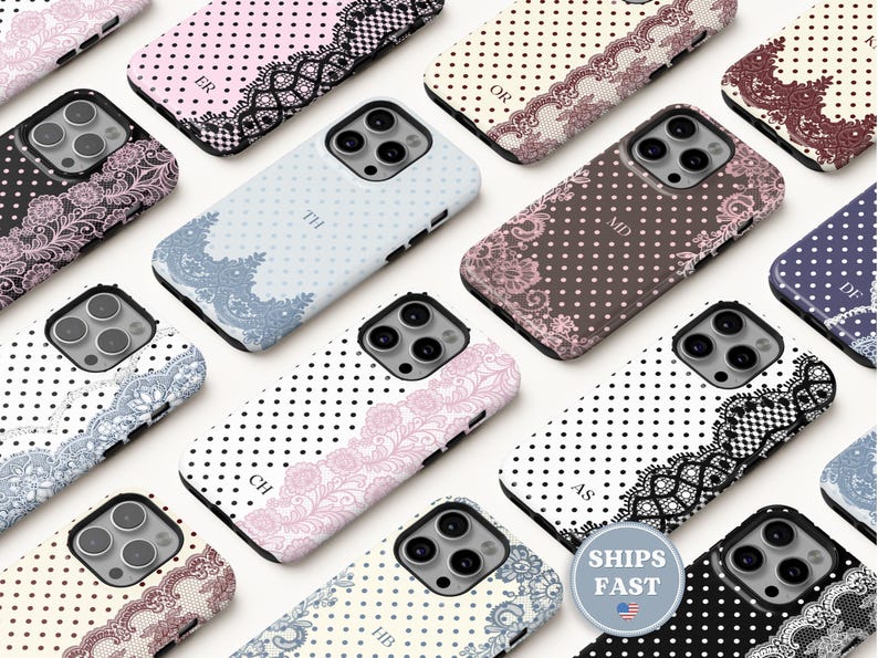 Personalized Lace Phone Case Initials Girly Coquette Phonecase Polka Dot iPhone Case 17 16 16e 15 14 13 MagSafe Samsung Galaxy S26 S25 Pixel image 1