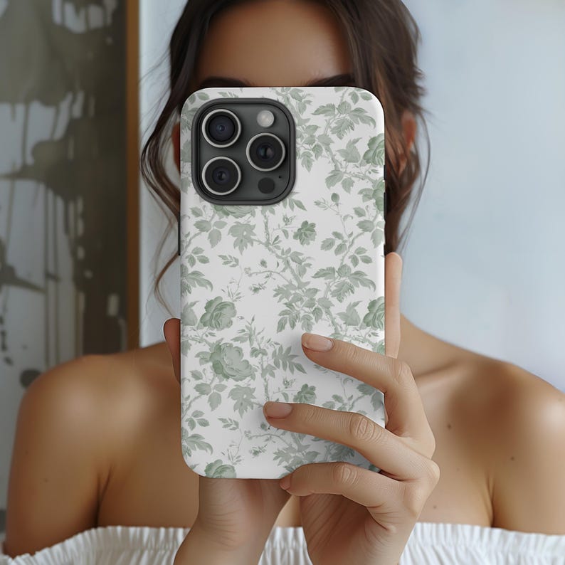 Custom MagSafe Floral Phone Case Flower Phone Case Personalized Name iPhone Case Toile de Jouy Green Monogram Phonecase Magnetic iPhone Case Bild 9