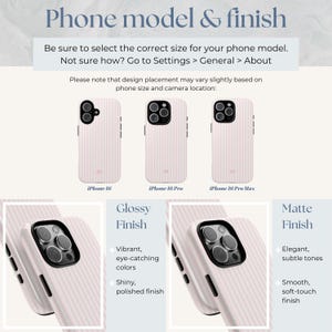 May include: Three iPhone cases with a pink and white striped pattern. The cases are shown for the iPhone 16, iPhone 16 Pro, and iPhone 16 Pro Max. The text "Glossy Finish" and "Matte Finish" are shown with descriptions of each finish.