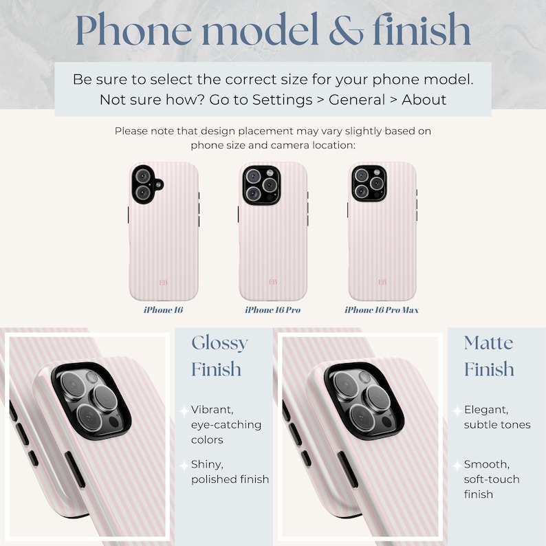 May include: Three iPhone cases with a pink and white striped pattern. The cases are shown for the iPhone 16, iPhone 16 Pro, and iPhone 16 Pro Max. The text "Glossy Finish" and "Matte Finish" are shown with descriptions of each finish.