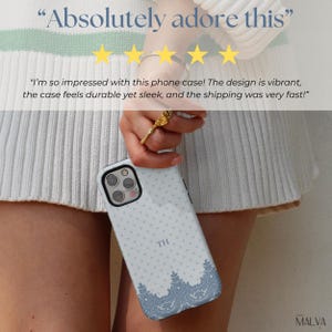 May include: A white phone case with a light blue polka dot pattern, the initials TH in the center, and a decorative blue lace-style border at the bottom. The text Absolutely adore this is visible at the top with five yellow stars below it.