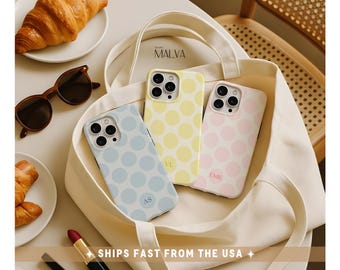 Peronalized Polka Dot Phone Case Custom Initials Name Phonecase Pastel iPhone 17 16 16e 15 14 13 MagSafe Samsung Galaxy S26 S25 Pixel 9 8 7