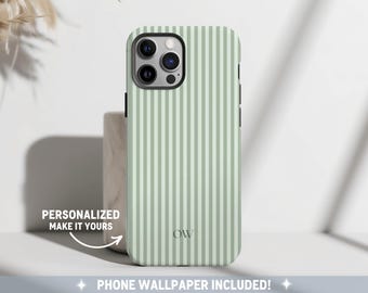 Funda personalizada verde salvia para teléfono, funda con monograma personalizado para iPhone, funda estética a rayas, funda veraniega estilo costero, funda estilo preppy playera.