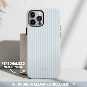 Personalisierte Blaue Telefonhülle Benutzerdefinierte Monogramm iPhone Hülle Ästhetische Gestreifte Telefonhülle Sommer Küsten Telefonhülle Preppy Phonecase Blue Beachy