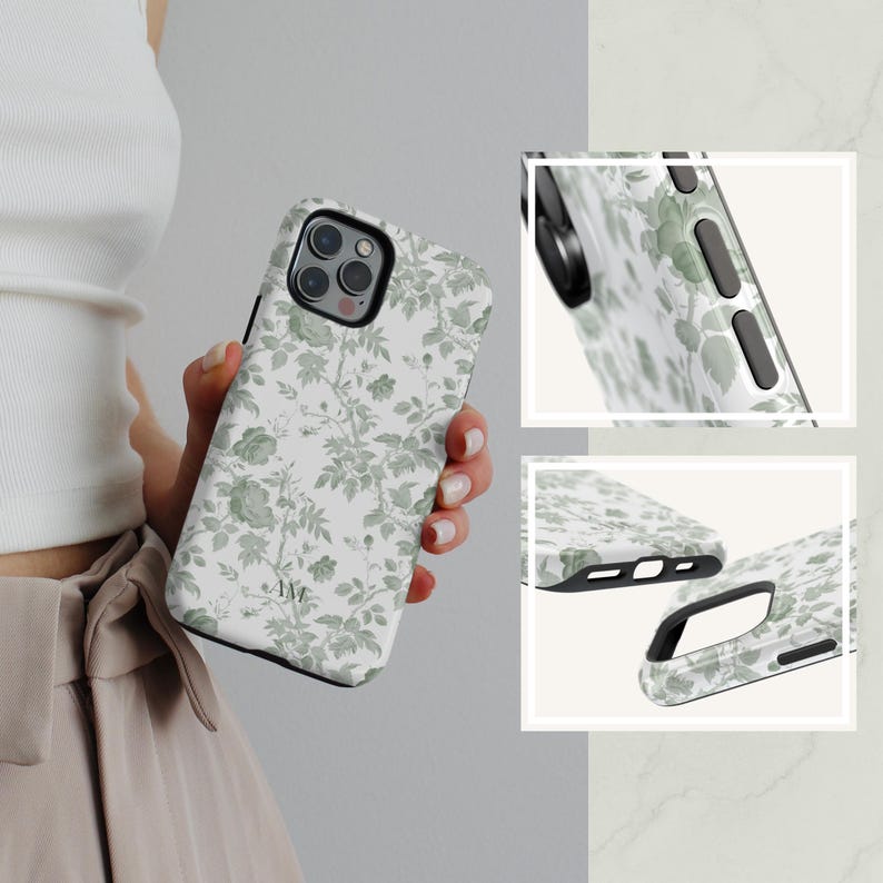Custom MagSafe Floral Phone Case Flower Phone Case Personalized Name iPhone Case Toile de Jouy Green Monogram Phonecase Magnetic iPhone Case Bild 7