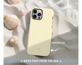 Personalized Yellow Stripes Phone Case Striped Summer Coastal Phonecase iPhone 17 16 15 14 13 MagSafe Samsung Galaxy S26 S25 S24 Pixel 9 8 7