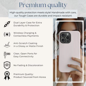 May include: A pink and white striped phone case with a clear, open port for easy connectivity. The case is made of durable material and is impact-resistant. It also features wireless charging and contactless payments. The case is made in Korea.