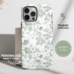 Custom MagSafe Floral Phone Case Flower Phone Case Personalized Name iPhone Case Toile de Jouy Green Monogram Phonecase Magnetic iPhone Case Bild 1