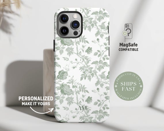 Custom MagSafe Floral Phone Case Flower Phone Case Personalized Name iPhone Case Toile de Jouy Green Monogram Phonecase Magnetic iPhone Case