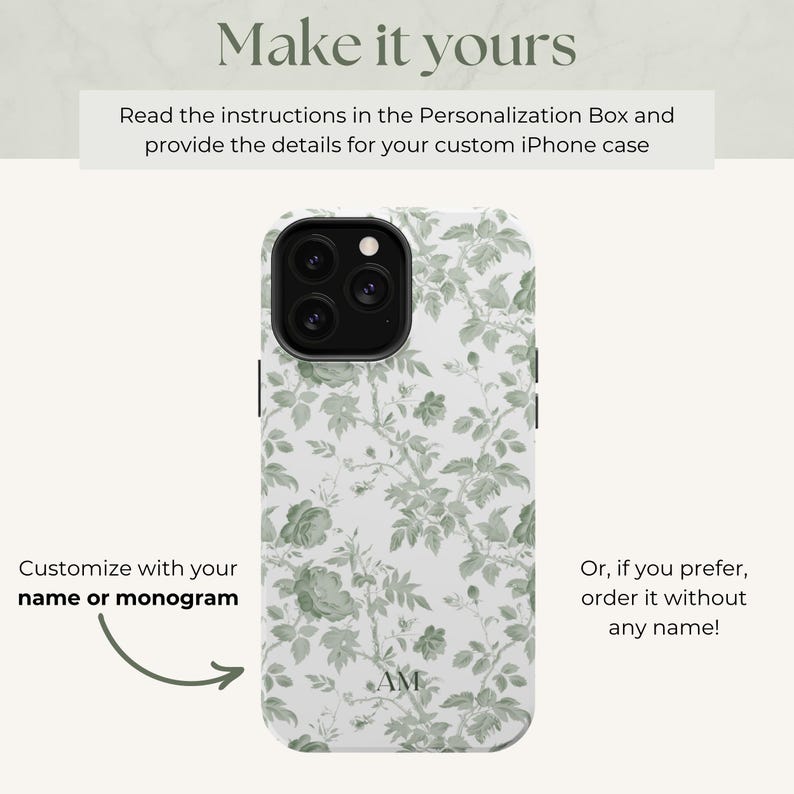 Custom MagSafe Floral Phone Case Flower Phone Case Personalized Name iPhone Case Toile de Jouy Green Monogram Phonecase Magnetic iPhone Case Bild 3