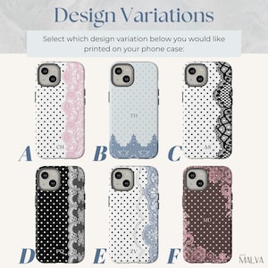 May include: Six phone case design variations labeled A through F. Designs feature polka dots and lace patterns in black, white, pink, blue, and brown. Each case displays a camera cutout and two-letter monograms including CH, TH, AS, PQ, ZV, and MD.