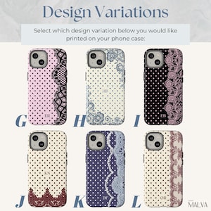 May include: Six phone cases labeled G through L, each featuring polka dot patterns and lace accents. The cases display various color combinations including pink, black, cream, navy, and maroon, with two-letter monograms printed on each case.