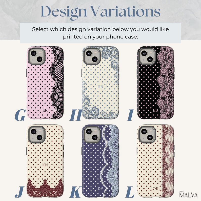 May include: Six phone cases labeled G through L, each featuring polka dot patterns and lace accents. The cases display various color combinations including pink, black, cream, navy, and maroon, with two-letter monograms printed on each case.