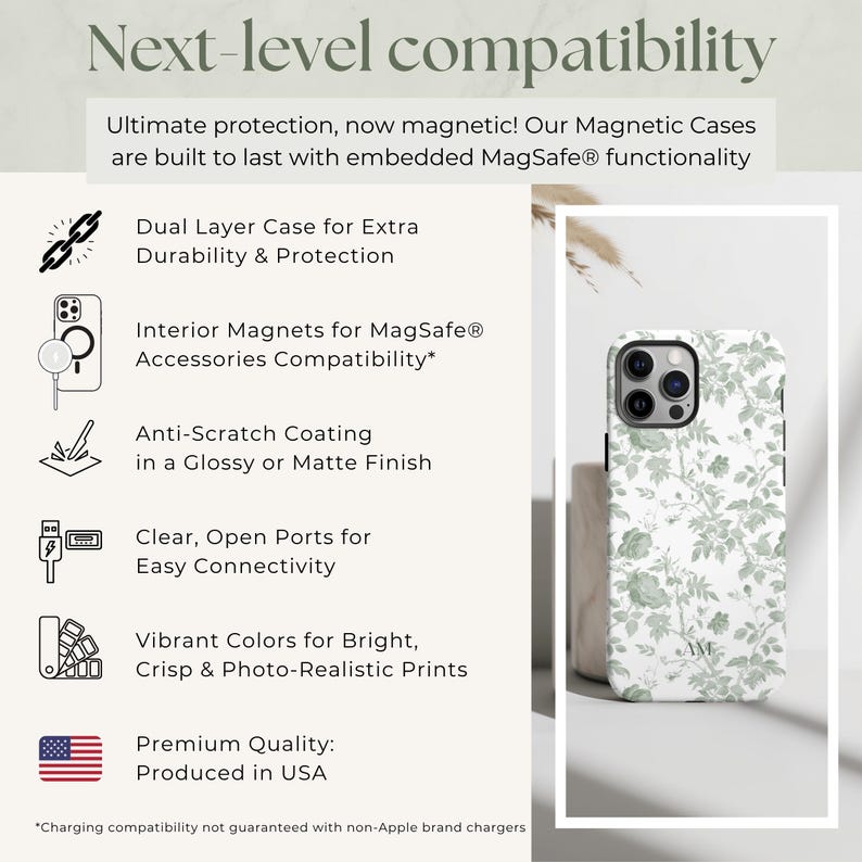 Custom MagSafe Floral Phone Case Flower Phone Case Personalized Name iPhone Case Toile de Jouy Green Monogram Phonecase Magnetic iPhone Case Bild 5