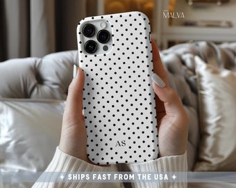 Personalized Black and White Polka Dot Phone Case Custom Initials Monogram iPhone 17 16 15 14 13 MagSafe Samsung Galaxy S26 S25 Pixel 9 8 7