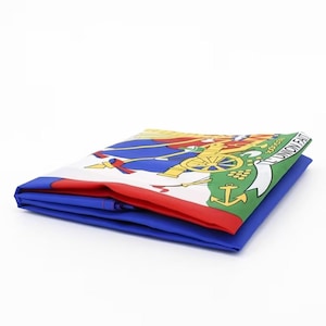 Puede incluir: Bandera haitiana plegada con fondo blanco. La bandera presenta un diseño de rayas horizontales azules y rojas. El centro de la bandera muestra un escudo de armas con un cañón, palmeras y el lema "L'Union Fait La Force."