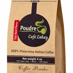 May include: A brown paper bag of Poudre Café Lakay coffee powder. The label features a black circle with a green coffee cup icon, the text Poudre Café Lakay, 100% Pielarmina Haitian Coffee, and a net weight of 4 oz. It includes a pull tab to open.