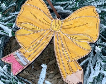 Teacher Bow Ornament - Pencil Bow Tag Ornament - Teacher Gift - Pencil Bow- Teacher Christmas Ornament - Teacher Gift - Pencil Coquette Bow