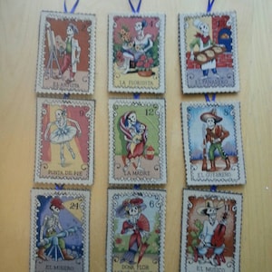 Day of the Dead Loteria Card fabric & felt ornaments - set of 4