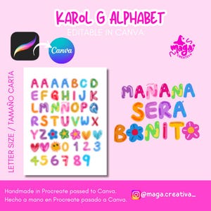 Alfabeto Karol G, Fonte Karol G PNG, Modelo Editável no Canva, Amanhã Será Lindo