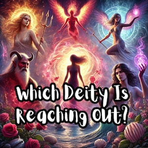 Può includere: Un'illustrazione fantasy colorata con quattro divinità che si protendono dai diversi angoli dell'immagine. Il testo "Which Deity Is Reaching Out?" è al centro dell'immagine.