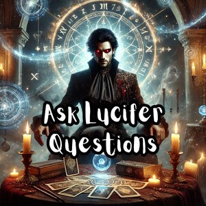 May include: A man with red eyes sits on a throne in a dark room. He is surrounded by magical symbols and a crystal ball. The text "Ask Lucifer Questions" is written in white letters on a black background.