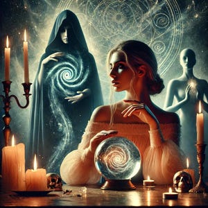 May include: A woman with long blonde hair gazes into a crystal ball with a swirling galaxy inside. A cloaked figure with a hood stands behind her, also holding a swirling galaxy. A third figure stands in the background, holding a glowing orb.