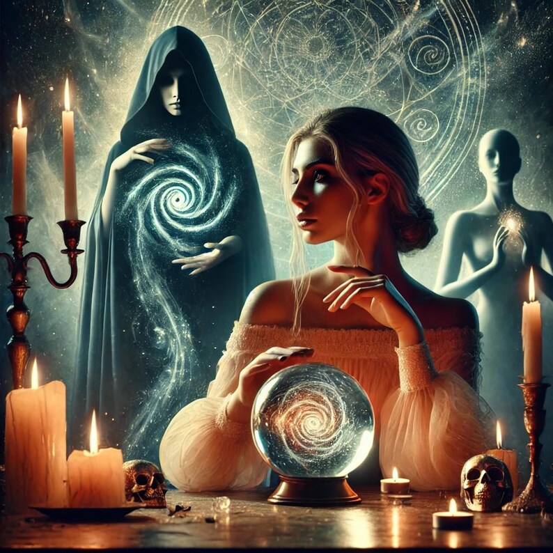 May include: A woman with long blonde hair gazes into a crystal ball with a swirling galaxy inside. A cloaked figure with a hood stands behind her, also holding a swirling galaxy. A third figure stands in the background, holding a glowing orb.
