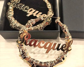 Name Plate Hoop Earrings, Bamboo Name Earrings, Gold Name Earrings, Large Hoop Earrings, Personalized Earrings, Earrings Name