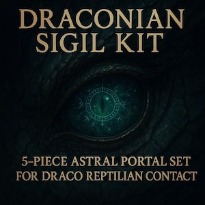 May include: A dark image featuring the text "DRACONIAN SIGIL KIT" in gold. A glowing green eye with a circular design is central. The text "5-PIECE ASTRAL PORTAL SET FOR DRACO REPTILIAN CONTACT" is displayed below the eye, set against a textured background.
