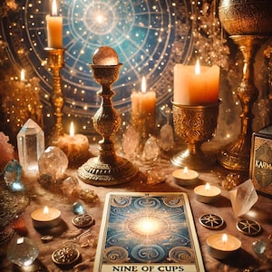 May include: A tarot card reading setup with a Nine of Cups card, candles, crystals, and a crystal ball. The card features a blue and gold design with the words "Nine of Cups".