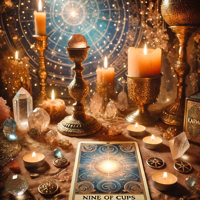 May include: A tarot card reading setup with a Nine of Cups card, candles, crystals, and a crystal ball. The card features a blue and gold design with the words "Nine of Cups".