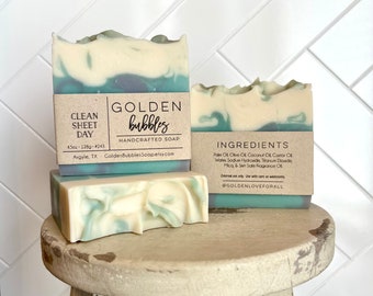 Handmade Soap, Clean Sheet Day, Cold Process Artisan Bar, Minimal Ingredients, Linen, Cotton, Blue Ocean Waves, Clouds Golden Bubbles Soap