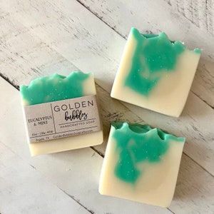 Eucalyptus Mint Handmade Soap, Natural Artisan made Cold Process, with Minimal Ingredients, Him or Her Care Package, Golden Bubbles Soap image 1