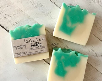 Eucalyptus Mint Handmade Soap, Natural Artisan made Cold Process, with Minimal Ingredients, Him or Her Care Package, Golden Bubbles Soap