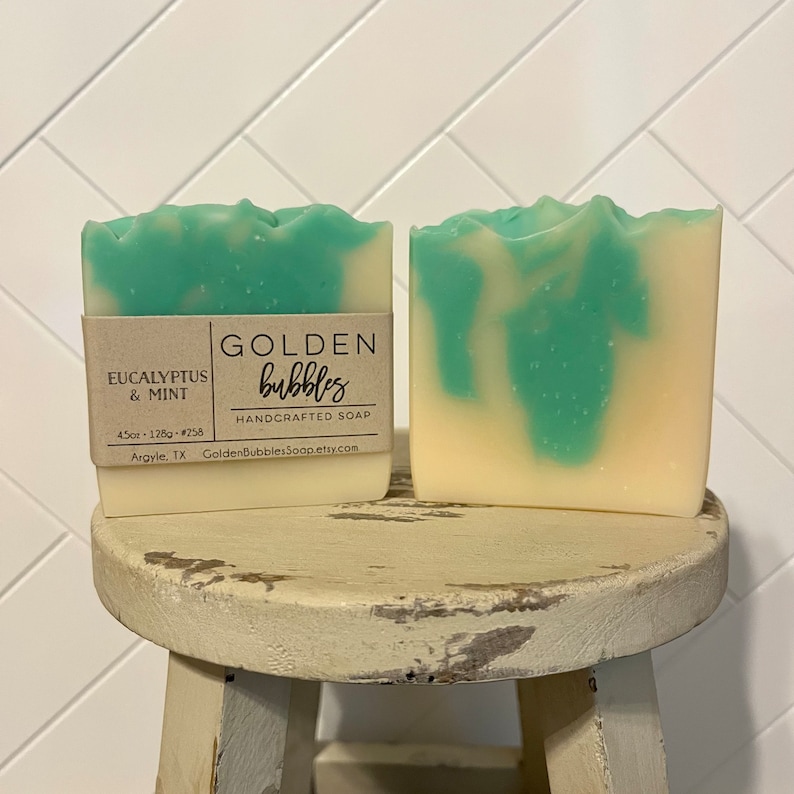 Eucalyptus Mint Handmade Soap, Natural Artisan made Cold Process, with Minimal Ingredients, Him or Her Care Package, Golden Bubbles Soap image 2
