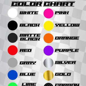 Puede incluir: Carta de colores con 12 opciones de color diferentes para personalizar un producto. Los colores incluyen blanco, rosa, negro, amarillo, naranja, rojo, morado, gris, plata, azul, oro, verde lima y fibra de carbono.
