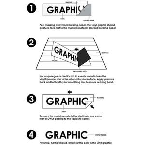 Puede incluir: Una gu&iacute;a de cuatro pasos sobre c&oacute;mo aplicar una pegatina troquelada. Los pasos se ilustran con un gr&aacute;fico de una pegatina que se aplica a una superficie. El texto incluye las palabras "enmascaramiento", "vinilo", "papel de respaldo", "pegatina", "herramienta de alisado", "superficie" y "pegatina de vinilo".