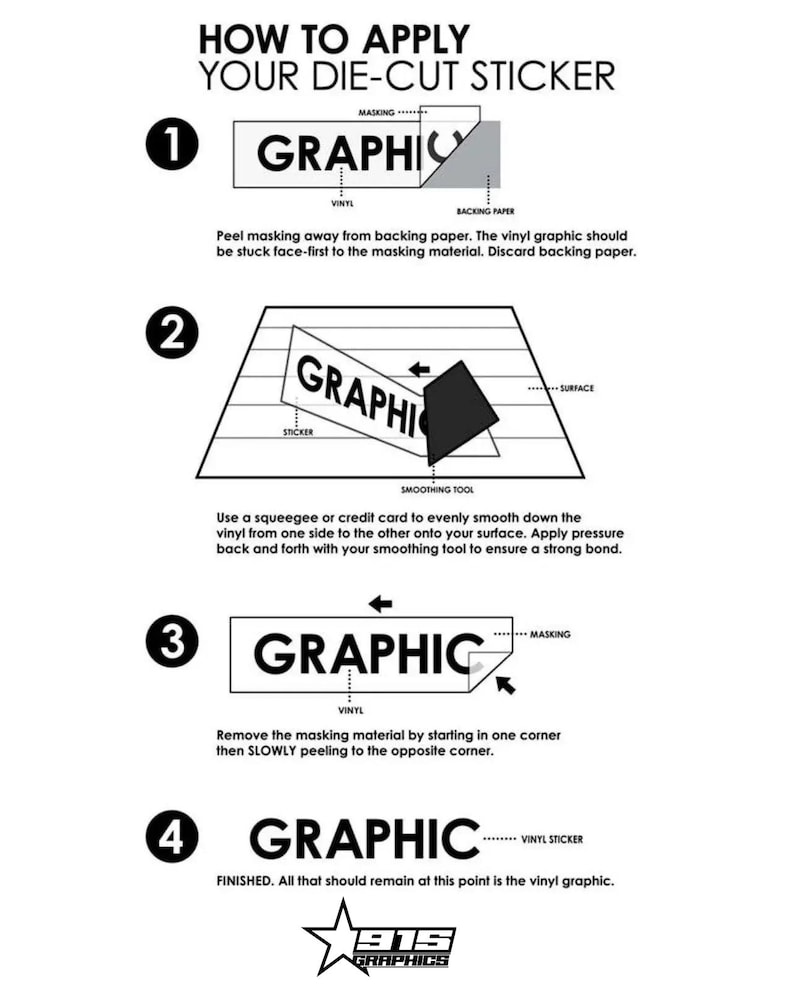 Puede incluir: Una gu&iacute;a de cuatro pasos sobre c&oacute;mo aplicar una pegatina troquelada. Los pasos se ilustran con un gr&aacute;fico de una pegatina que se aplica a una superficie. El texto incluye las palabras "enmascaramiento", "vinilo", "papel de respaldo", "pegatina", "herramienta de alisado", "superficie" y "pegatina de vinilo".