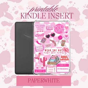 May include: Printable Kindle Paperwhite insert with a pink and white checkered background and various stickers, including "good vibes", "cool", "wear the hat ride the cowboy", and "book lover".