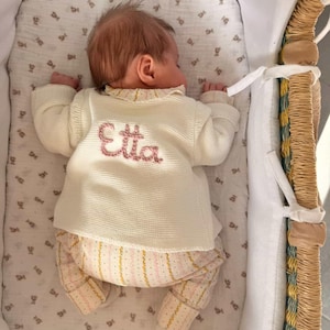Personalised Cream Name Cardigan | Name Cardigan | Newborn Cardigan | Newborn gift | Baby Gifts l Name Announcement| Coming Home Outfit image 4