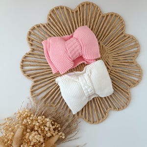 Baby bow headband, stretchy topknot, infant knitwear, birth announcement photoshoot, baby shower gift, coming home outfit
