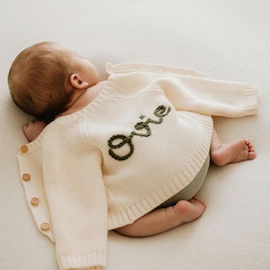 Personalised Cream Name Cardigan | Name Cardigan | Newborn Cardigan | Newborn gift | Baby Gifts l Name Announcement| Coming Home Outfit image 1
