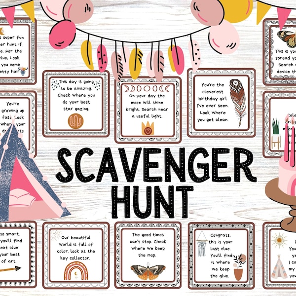 SCAVENGER HUNT, Birthday, BOHO, slumber party, sleepover, PDFs