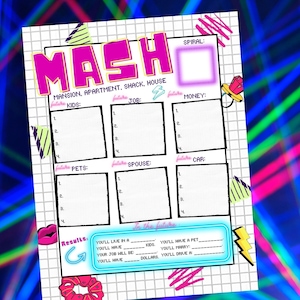 May include: A retro-style "MASH" game board with a grid layout. The game asks players to choose from a list of options for their future, such as a house, job, spouse, car, and pets. The board is decorated with bright colors and geometric shapes.
