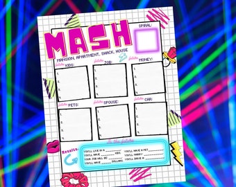 MASH, game, 90s, 80s, teen, instant download, 1 pdf, printable, A4