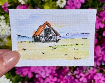 Mini Original Painting, Watercolor, barn