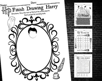 Finish Drawing Harry, maze,  tic tac toe, word search, instant download, printable, diy, 4 pdfs